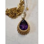 Ladies 9ct Gold Amethyst Pear Drop Cut Pendant on 9ct Gold Chain 2g total weight