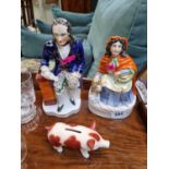 19thC Staffordshire Flatback Red Riding Hood, Thomas Parr and a Staffordshire Pottery money Pig