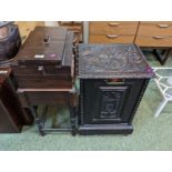 Oak Carved Coal Perdonium and a Oak Cantilever sewing box