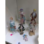 3 Unter Weiss Bach figures of 1920s women, 2 other figurines and a Pin Cushion Top