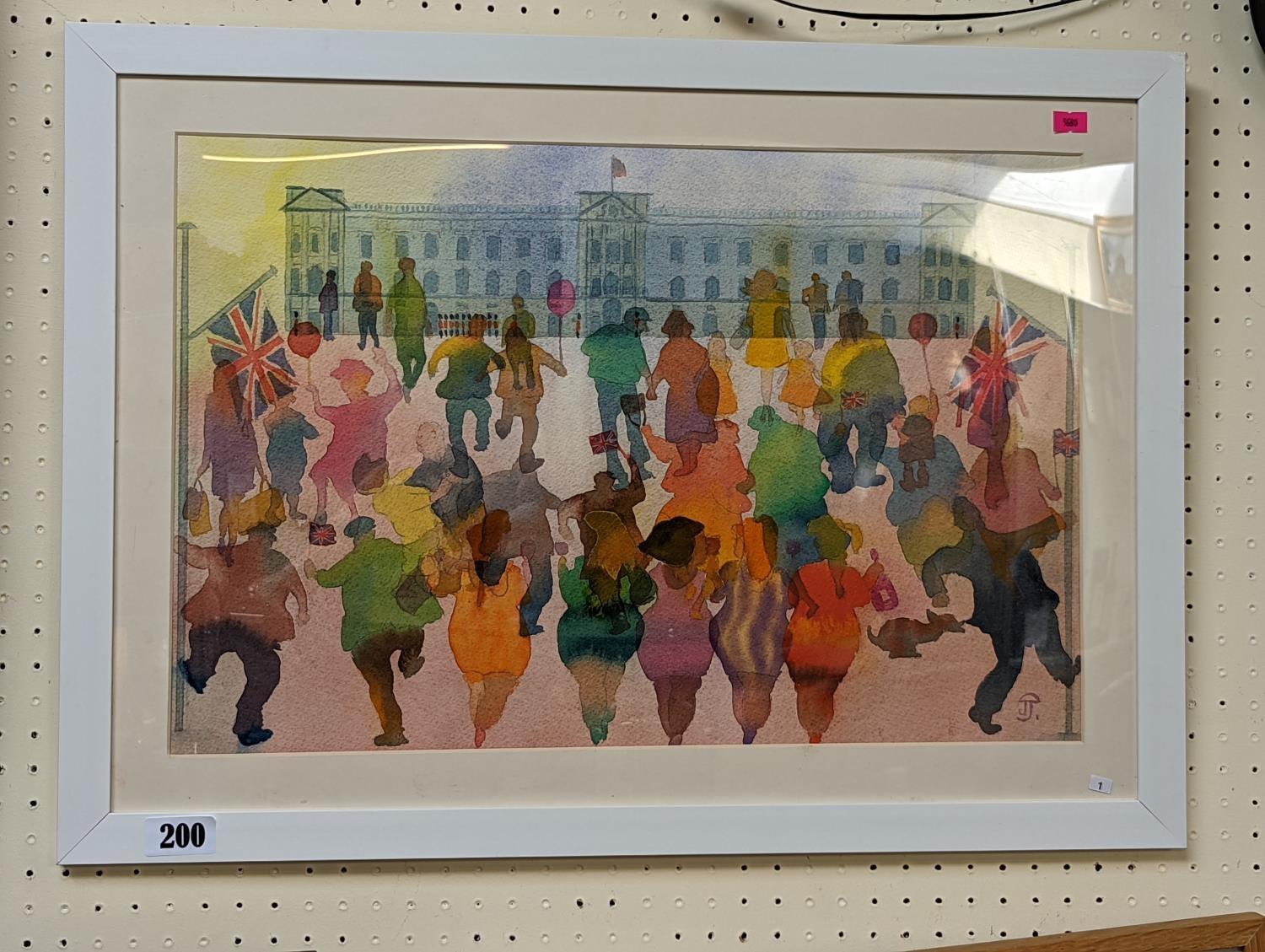 Framed Watercolour of Royal Celebrations towards Buckingham Palace