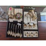 2 Cased sets of Silver Teaspoons and 2 Silver Christening Mugs 330g total weight