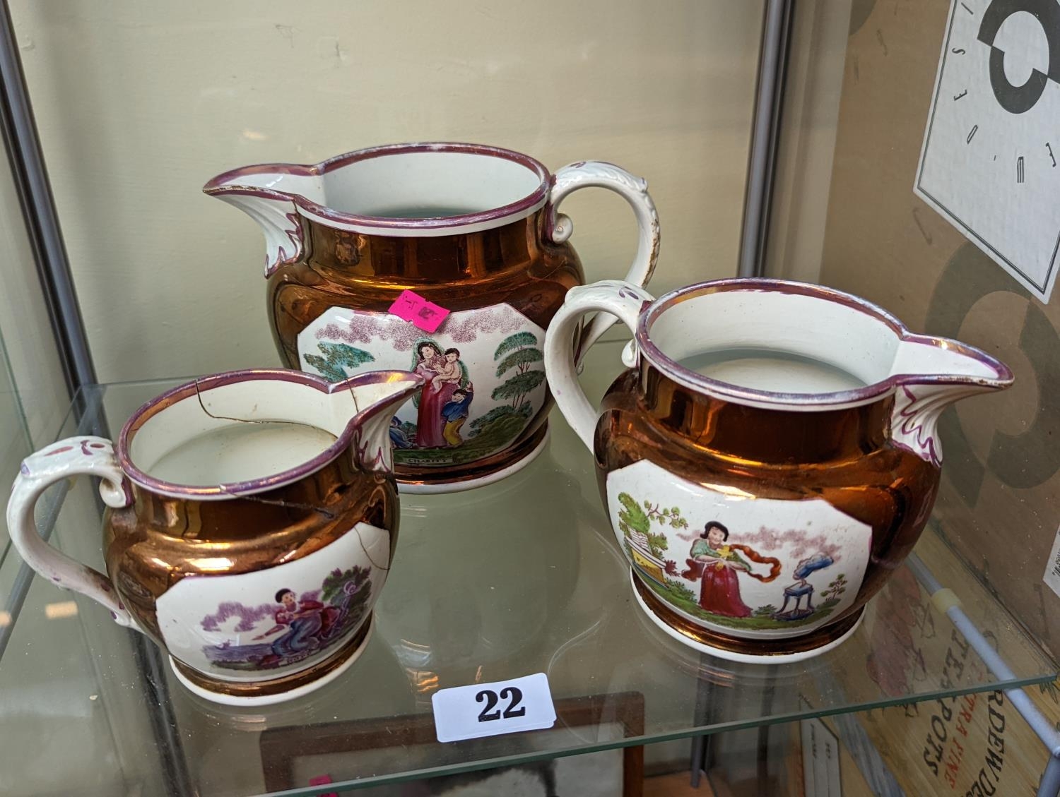 Set of 3 19thC Graduated Sunderland Lustre Jugs Faith, Hope & Charity - Image 2 of 4