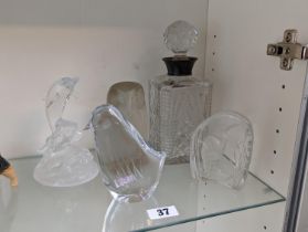 20thC Cut Crystal Decanter with Silver Collar and a collection of glass paperweight animals