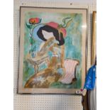 Large framed print of a woman at desk signed in pencil L Kniff 23 of 200