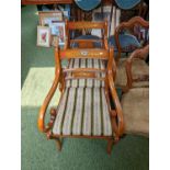 Pair of Regency style Yew framed Elbow chairs with brass inlay and removable seats