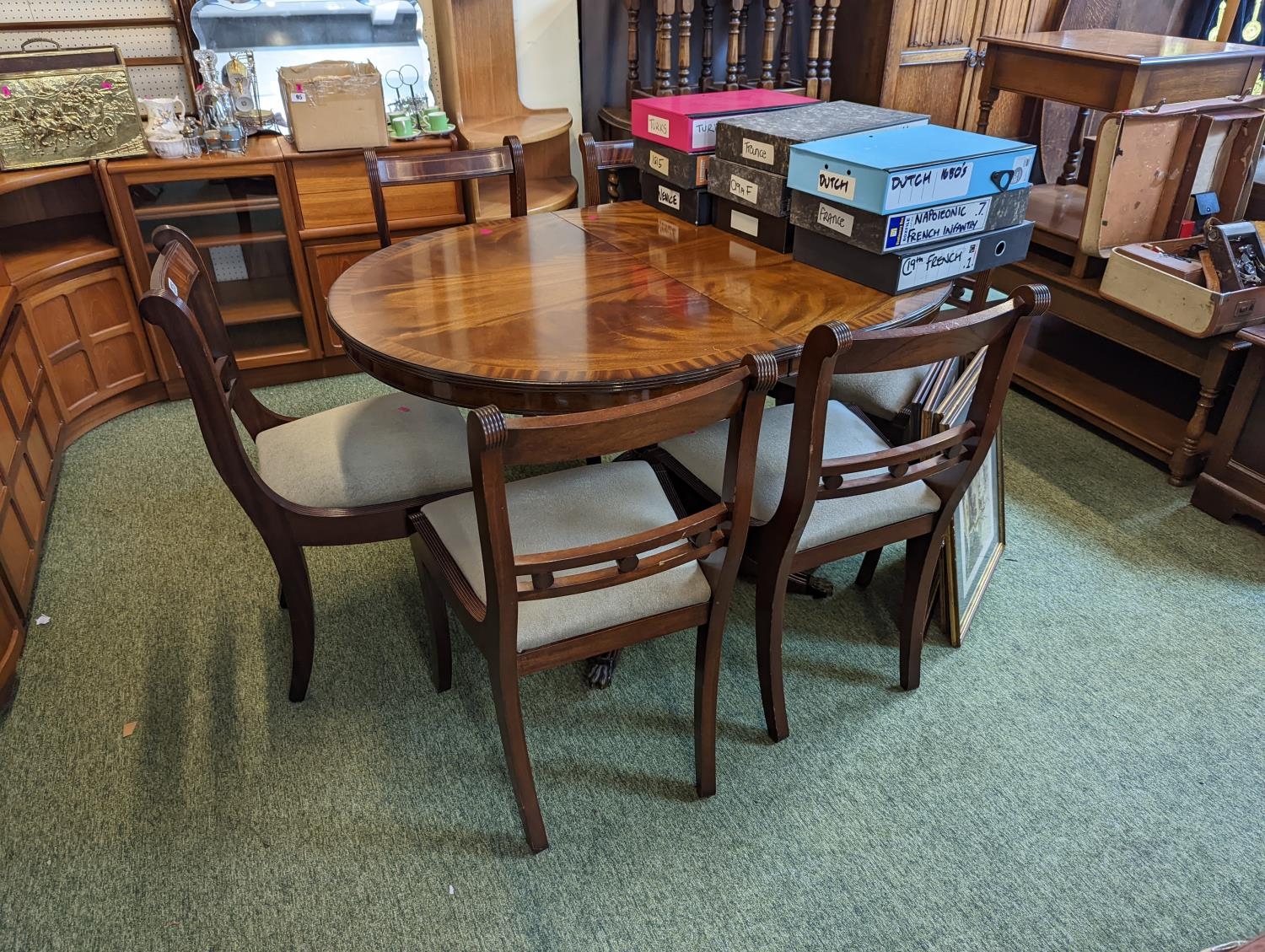 Regency Style oval dining table and 6 chairs with upholstered seats