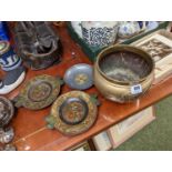 Pair of Paper Mache Japanese figural decorated plates, Bronze Jardinière (no base) and a Pewter bowl