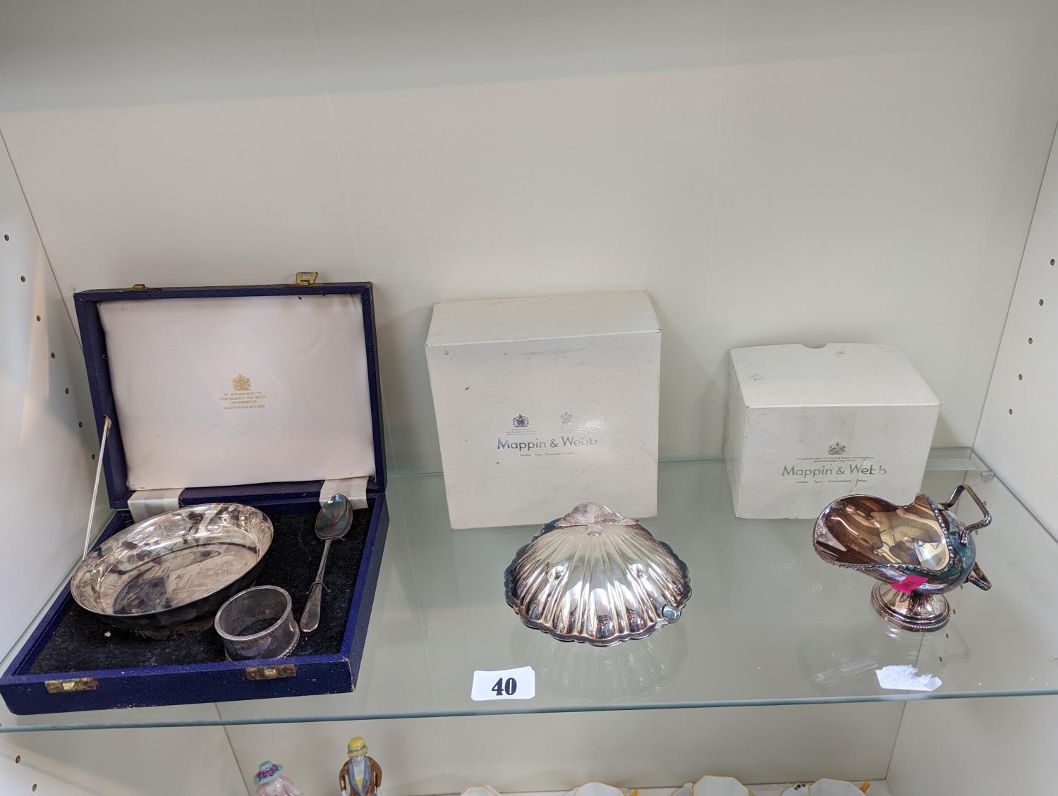 Collection of Boxed Mappin & Webb Silver plated table ware inc. Christening Set, Scallop butter dish