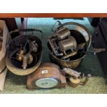 Good collection of Antique Brass blow lamps, 2 Brass coal helmets and a Oak cased clock