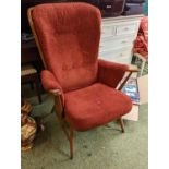 Ercol Spoon back Elbow chair with upholstered seat and back