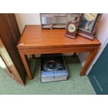 Teak 20thC Fold over Baize topped card table on straight supports