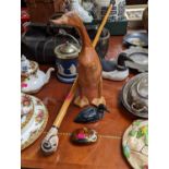 Tunstall Jasperware Biscuit Barrel, Rams Head walking stick, Fay Hutchins Fox Pebble and 2 Wild Fowl