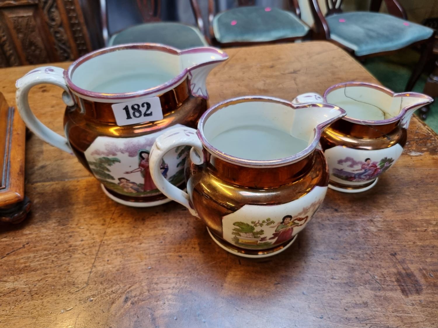 Set of 3 19thC Graduated Sunderland Lustre Jugs Faith, Hope & Charity