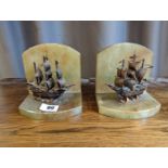 Pair of Onyx Bookends with coppered Galleon decoration