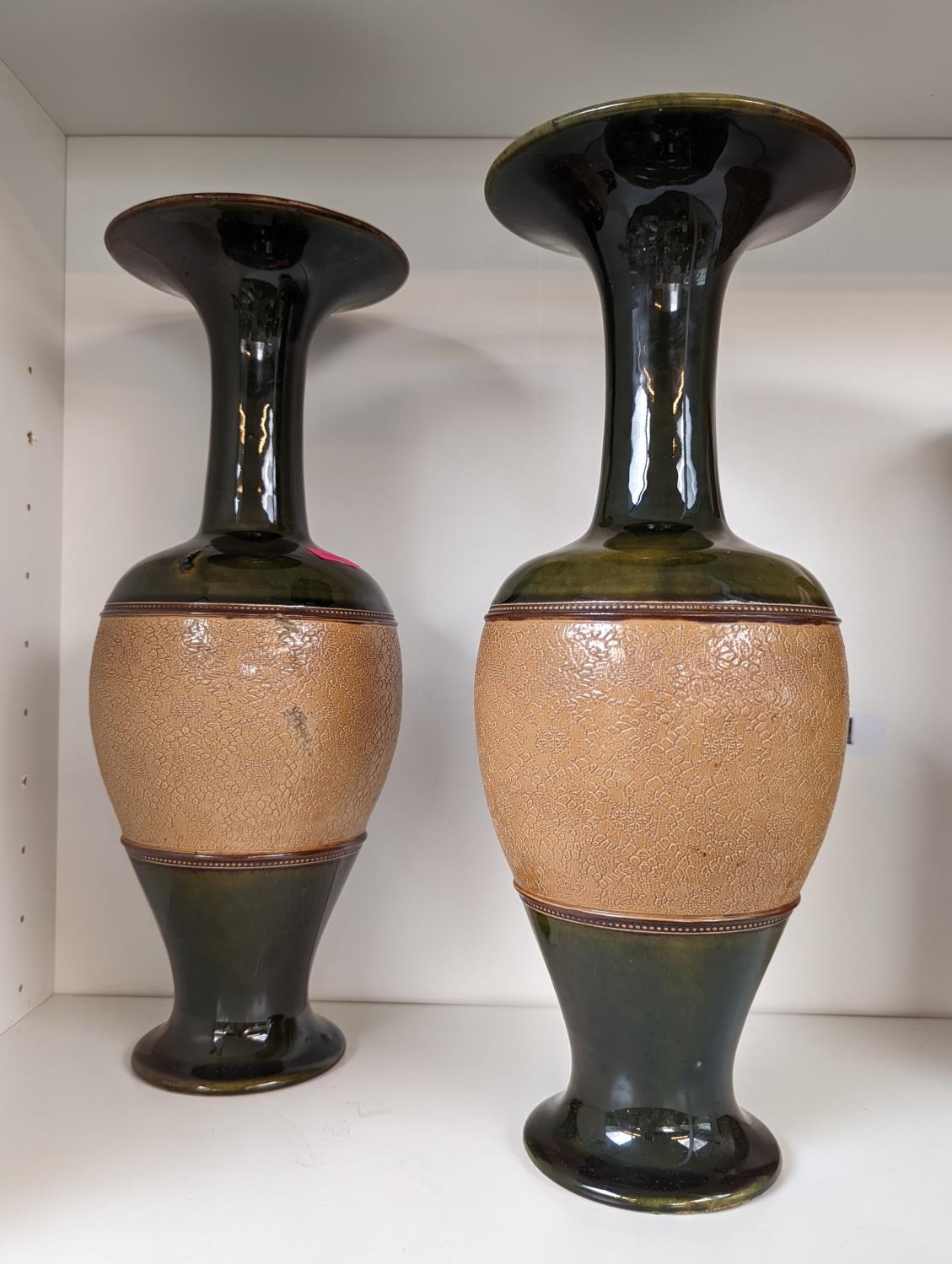 Pair of Royal Doulton Vases with green glazed ground, impressed marks to base