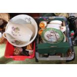 2 Boxes of assorted ceramics inc. Thimble's, Wash Jug and bowl