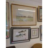 Framed watercolour by John Elvy dated 1984 of Farmland and 2 framed prints