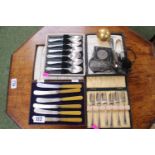 3 Boxed sets of Cutlery, collection of coins and Gilt Globe Compact