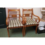 Pair of Yew wood Elbow chairs with brass inlay and upholstered seats