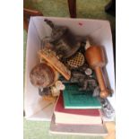 Box of assorted bygones and collectables inc. Doulton Harvest Tobacco Jar, Spelter figure etc