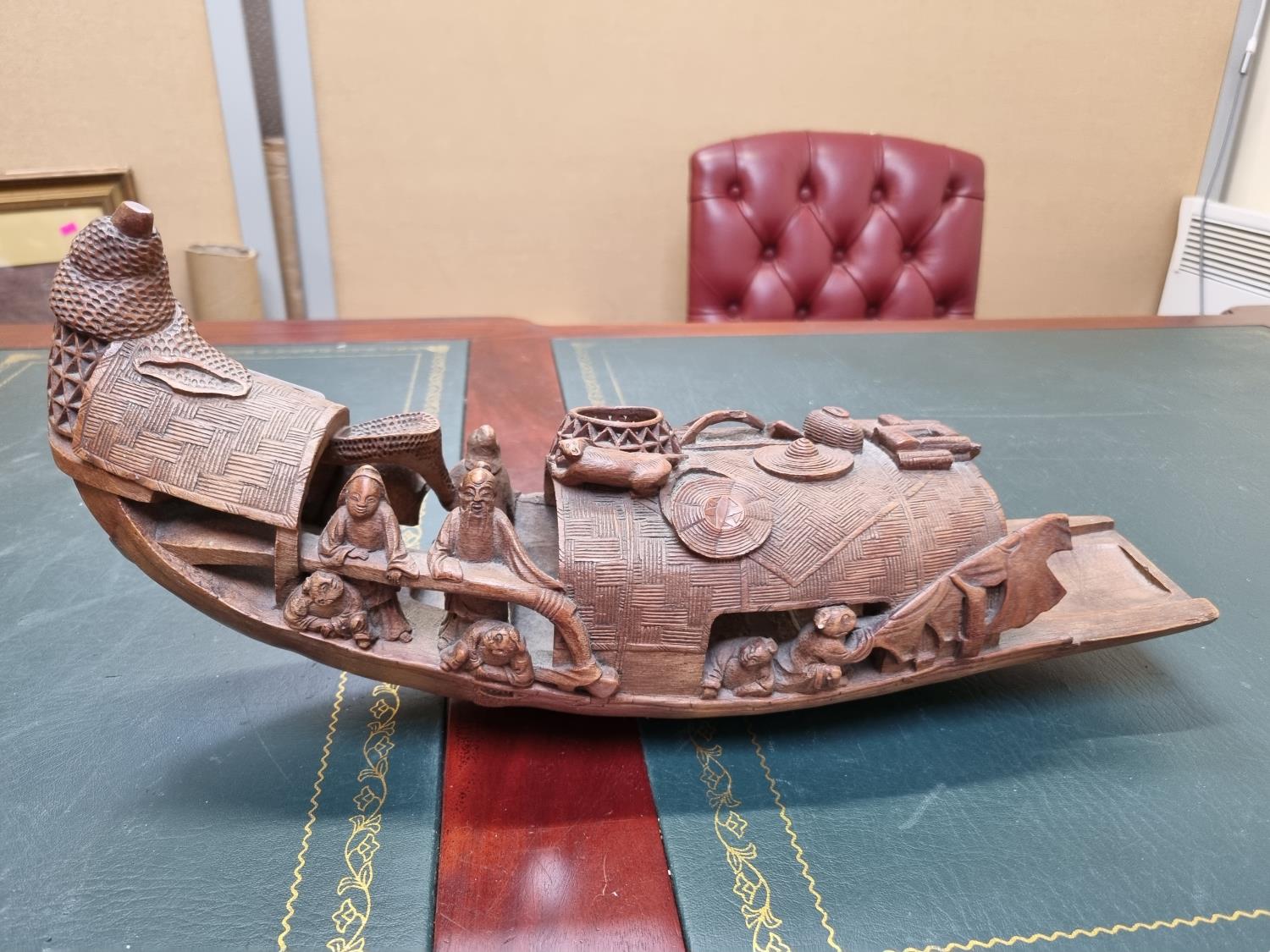 Chinese bamboo model of a fishing sampan, Qing dynasty, carved with a variety of figures and fishing - Image 2 of 2