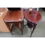 Oak 1920s rectangular side table and a Edwardian shaped top table with under tier