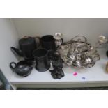 Collection of Pewter tableware, Silver plated candlesticks, Cake basket and a Bronzed figure of a
