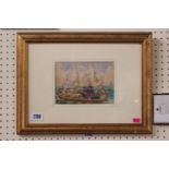Framed watercolour possibly depicting Mutiny on the Bounty monogrammed JMR
