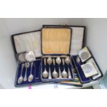 Collection of assorted boxed Silver plated Flatware, Cased Silver Teaspoon and assorted Coins