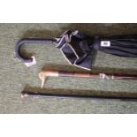 Mercedes Benz Umbrella, Walking Stick with Brass Duck handle and another Cane