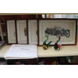 Set of 4 Classic Motor car prints, 19thC Indenture and a Pair of Murano glass swans