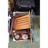 Box of assorted Kitchenalia and a bobbin turned wooden shoe stand