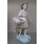 Large Bisque figure of a Edwardian Girl with flower baskets with hand painted decoration