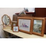 Pine Framed Oval dressing table mirror with scroll decoration and assorted pictures and frames