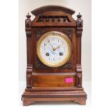 Edwardian Walnut cased mantel clock with enamelled pictorial dial