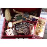 Box of assorted Costume jewellery and watches inc. 9ct Gold watch, Vintage Timex etc
