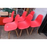 Set of 6 Modernist plastic form chairs with beechwood legs and metal cruciform supports
