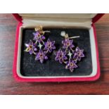 Pair of 9ct Gold Amethyst set foliate drop earrings 8g total weight