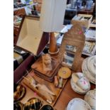 Collection of assorted Woodenwares inc. Serving dishes, Table mirror, 1970s Table Lamp etc