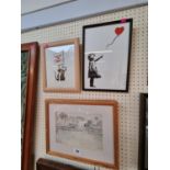 2 Framed Ink on paper pictures after Banksy and a Pencil sketch of a Venetian scene dated 1916