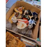 Box of assorted ceramics and bygones inc. Wade, Santa Toby Jug, Decanter etc