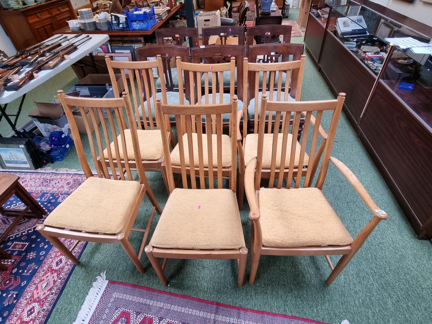 Set of 6 Ercol blonde elm chairs with removable upholstered seats