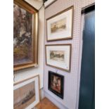 Cattermole Caffrey pair of signed watercolours depicting river scenes and a Framed interior scene