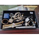 Tray of assorted Costume jewellery inc. Pair of 9ct Gold Studs, Yellow metal cross and assorted
