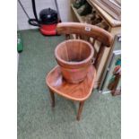 Oak Brass bound bucket and a Bentwood Chair with panelled seat