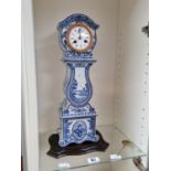 Late 19thC Blue & White Dutch Delft clock with barrel movement mounted on wooden base