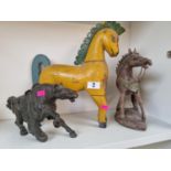 Chinese Bronze of a Horse and 2 carved wooden horse figures