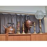 2 Pairs of Brass Candlesticks, Copper Kettle, Samovar and a table light