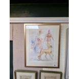 Framed watercolour sketch of a woman with dog signed to bottom left